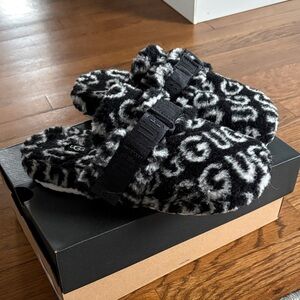 UGG Black & White Fuzzy Logo Slide Slippers